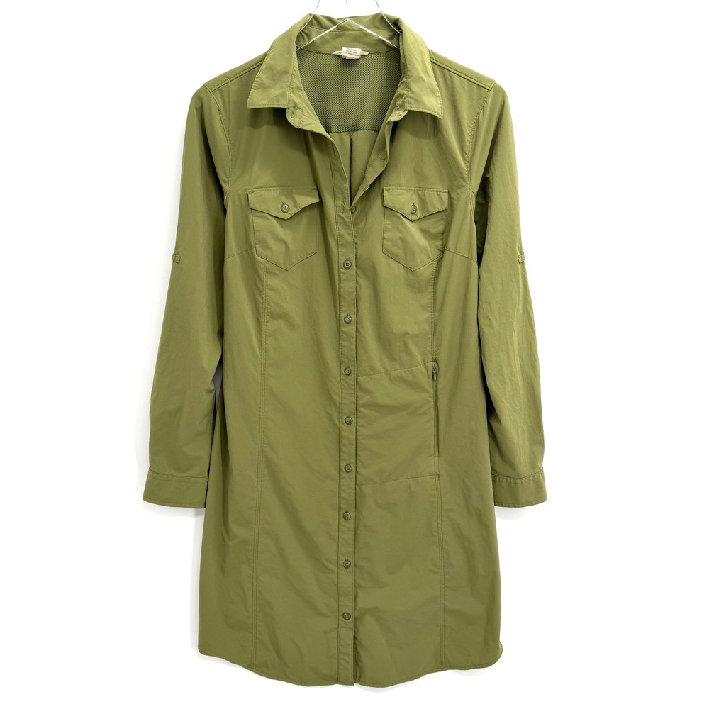 Duluth Trading DuluthFlex Sidewinder Size M Button Down Shirt Dress Olive Green